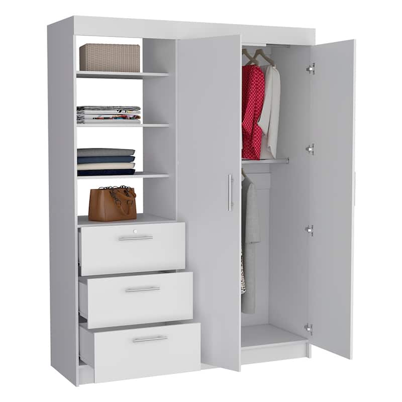 20.4" Modern Double-door Armoire with Hanging Rods, 3 Drawers and 3-Tier Shelf