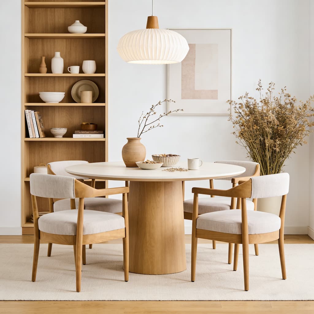 Christopher Knight Home - Mid-Century 5-Piece Set Wood Dining Table Set with 4 Upholstered Arm Chairs