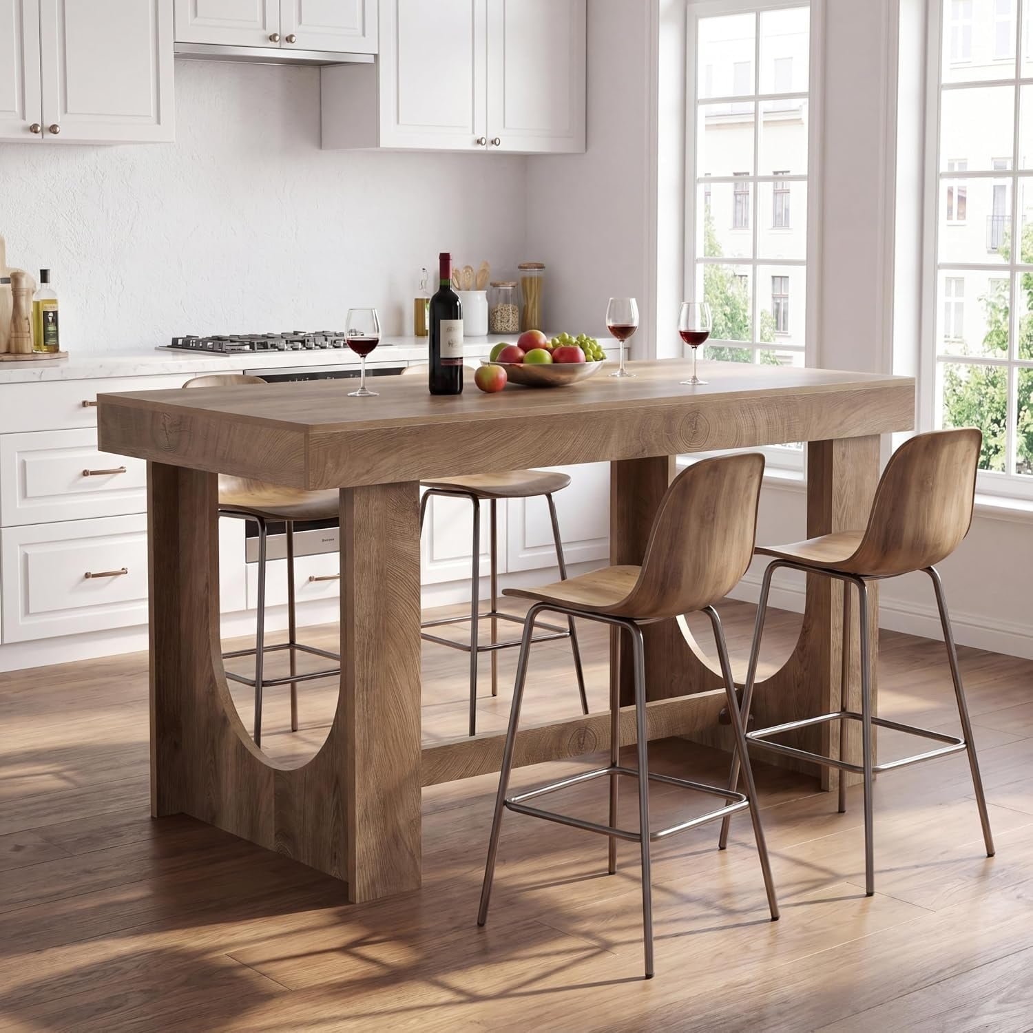 63" Rectangular Bar Table, Counter Height Home Bar Unit, Large Wood Kitchen Dining Pub Table with Footrest