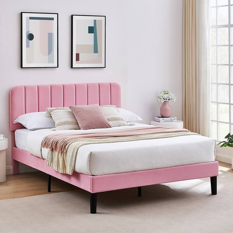 Javlergo Upholstered Platform Bed Frames with Height Adjustable Headboard, Sturdy Wooden Slats/Noise-free - Pink - Full
