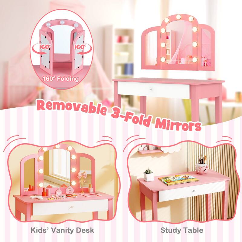 Gymax Kids Vanity Table Set 2-in-1 Princess Makeup Dressing Desk