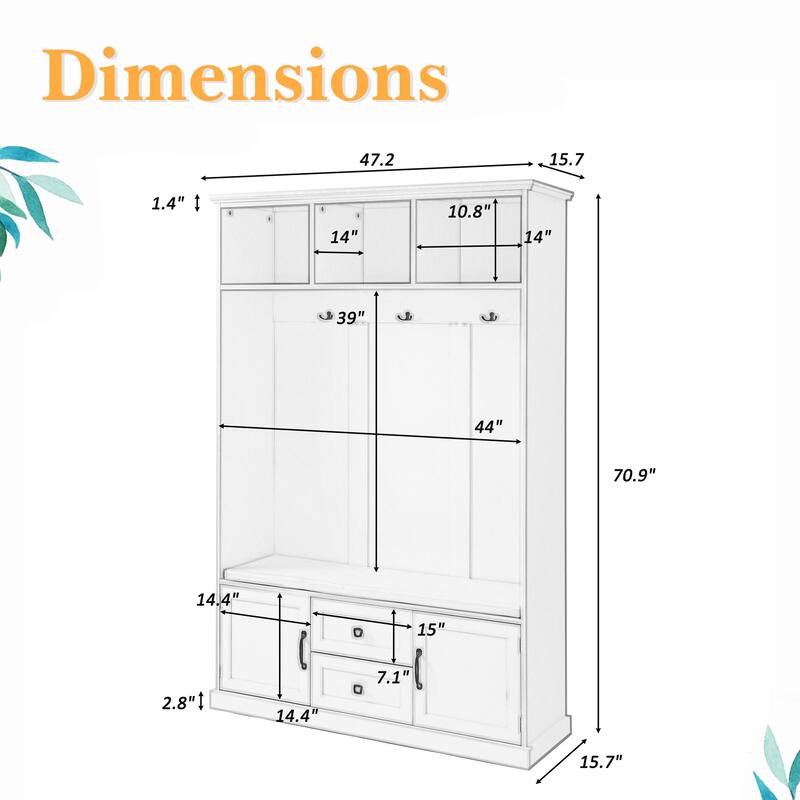 47"W Hall Tree with 3 Metal Double Hooks,3 Open Shelves,Shoe Storage - 3-in-1
