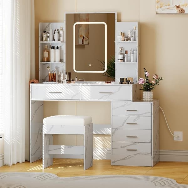 Makeup Vanity with 6 Drawers and Shelves, Vanity Desk with Charging Station - Bed Bath & Beyond