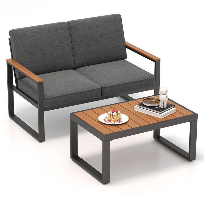 Gymax 2 PCS Patio Aluminum Furniture Set Cushioned Sectional Sofa w/ - Grey