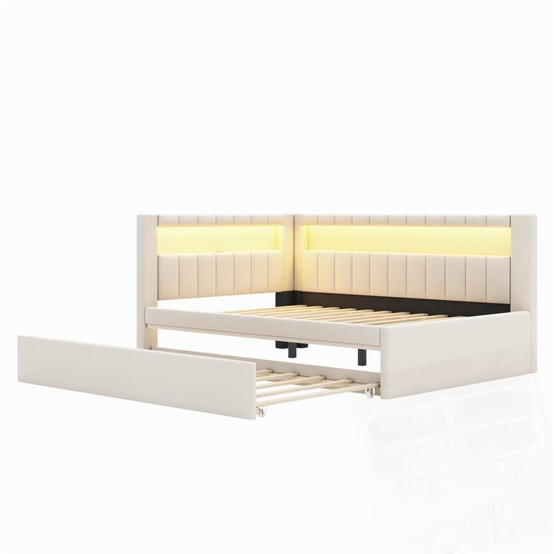 Upholstered Platform Bed with USB Ports and LED Belt With Trundle