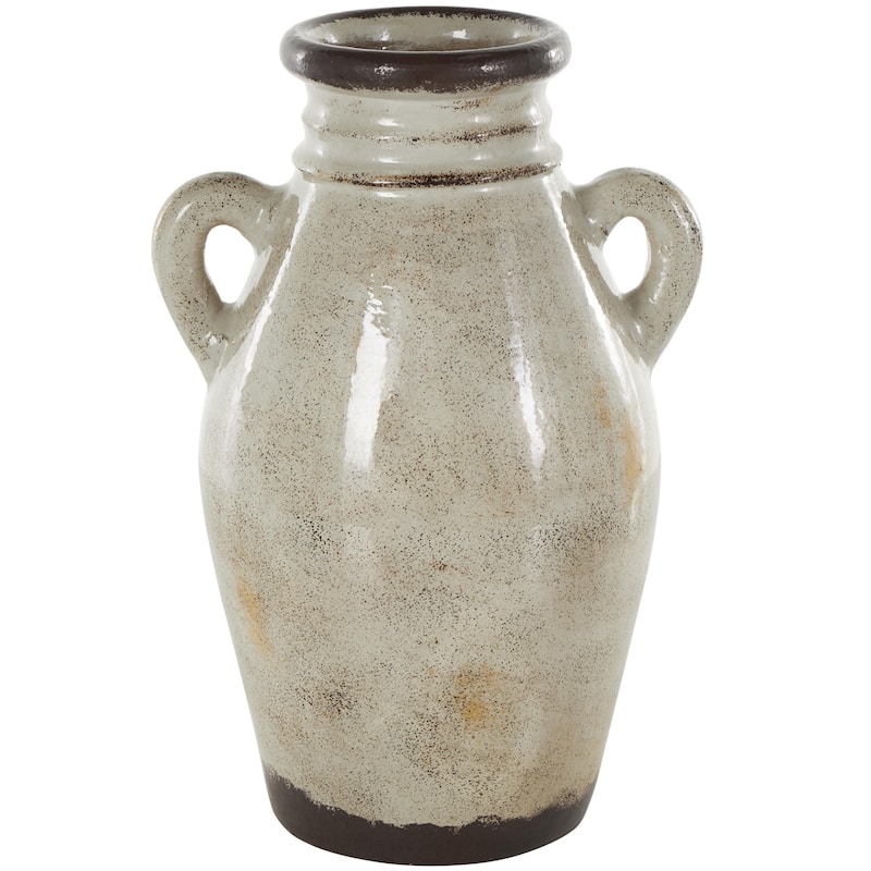 Ceramic Antique Amphora Decorative Vase with Speckled Texturing and Yellow and Brown Accents - Cream - Roche River Decor - Cream - 10"W, 14"H