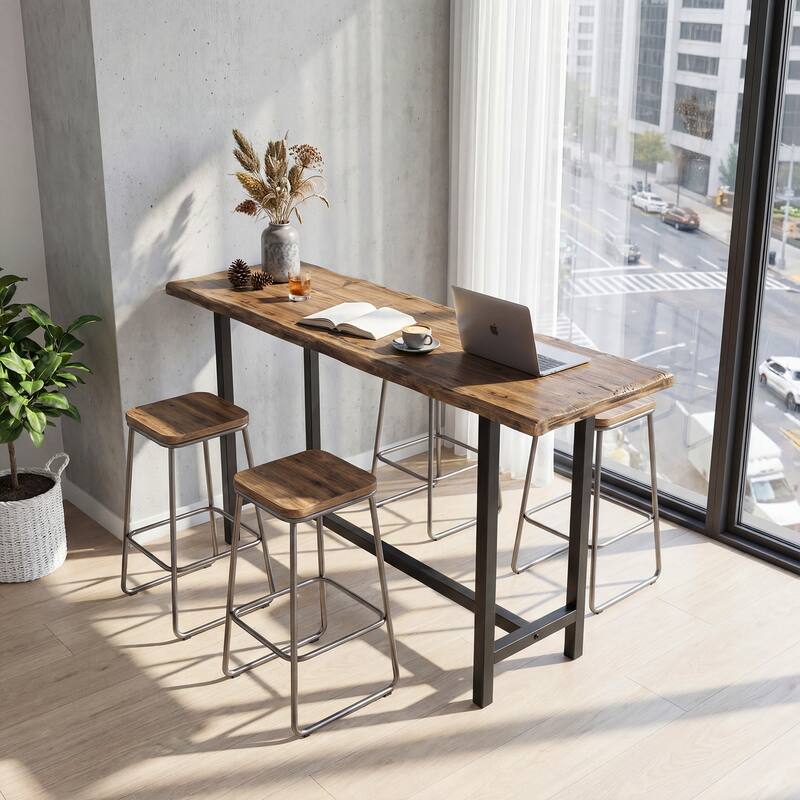 Solid Wood Long Bar Table, 63-Inch Long Counter Height Table - Brown + Black