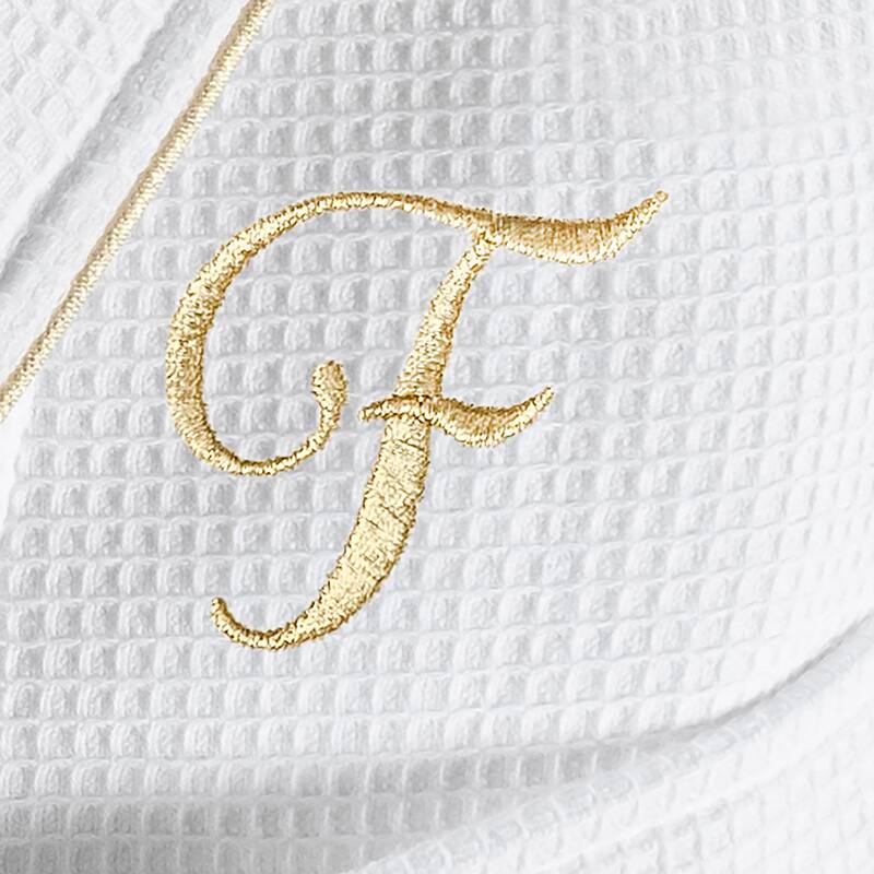 Authentic Hotel and Spa White/Gold Unisex Turkish Cotton Waffle Weave Terry Bath Robe with Gold Script Monogram