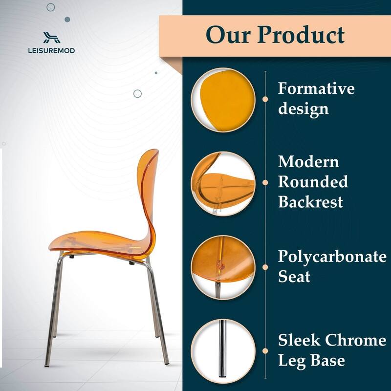 Oyster Modern Stackable Plastic Dining Chair with Curved Backrest and Accent Chrome Legs for Kitchen or Café Use Set of 2