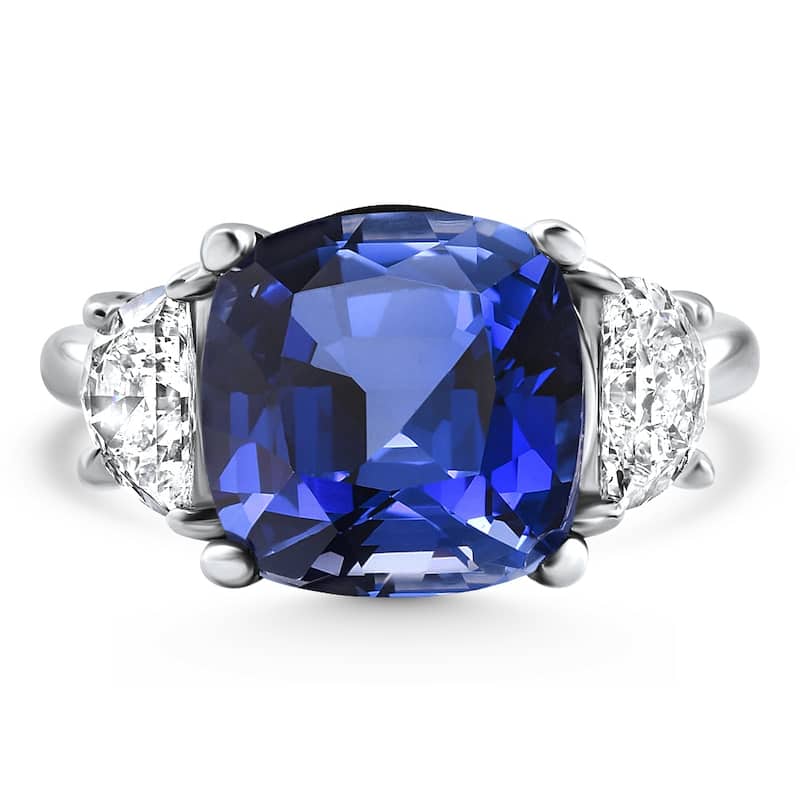 8.50Ct TW Cushion Blue Sapphire & Diamond 3-Stone Ring White Gold Lab Grown