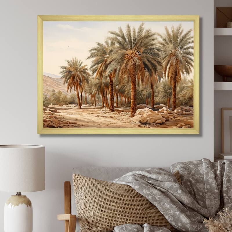 Designart "Palm Tree Desert Oasis " Palms & Palm Trees Framed Canvas Prints - 20 in. wide x 12 in. high - Gold