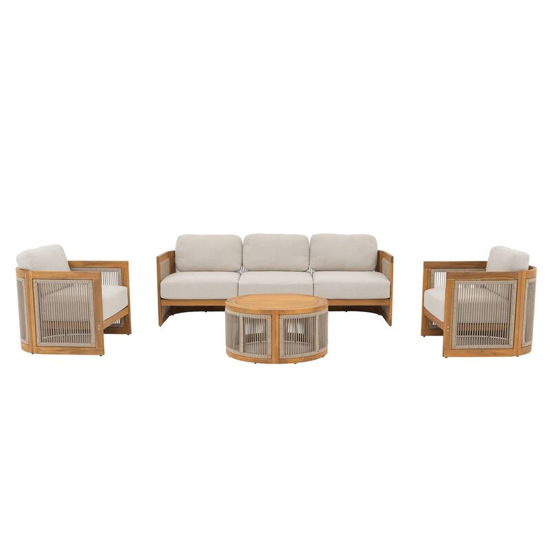 Outdoor 4-Piece Wooden Sofa Conversation Set With Cushions