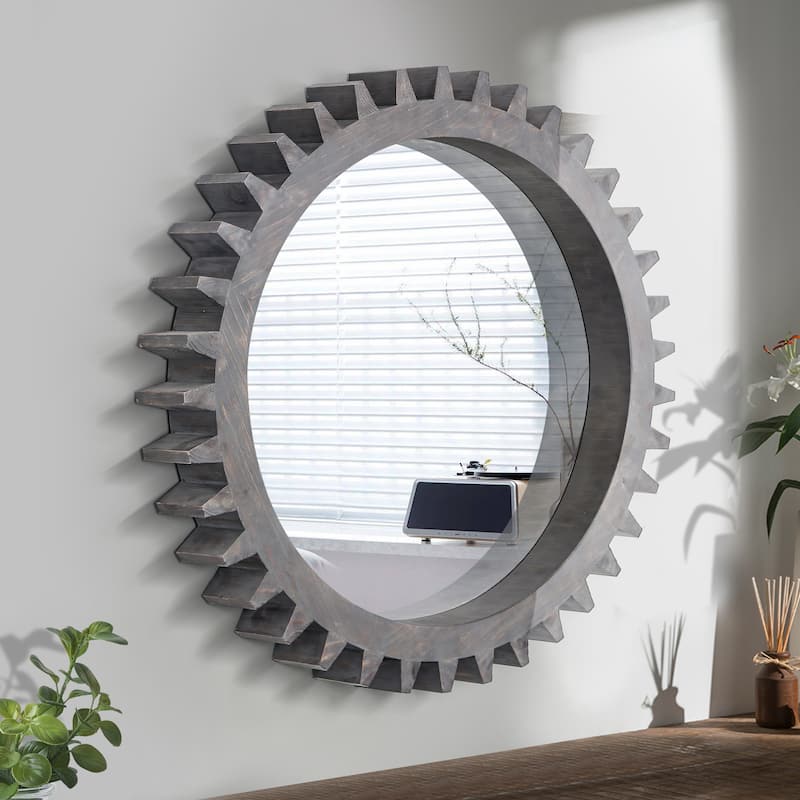 Roomfitters 42" Extra Large Round Gear Wall Mirror, Industrial Wood Accent Mirror for Living Room & Entryway, Dark Brown