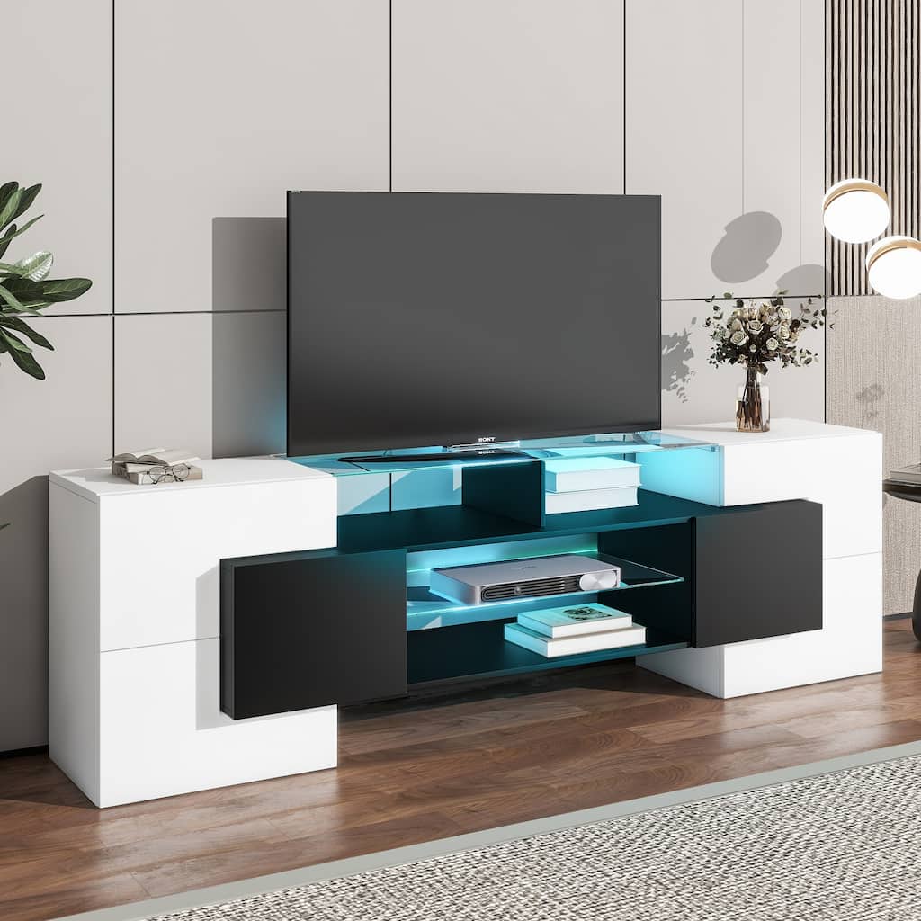 Modern TV Stand with Illuminated Glass Shelves, High Gloss UV Finish, and Ample Storage, 78.7'' Wide
