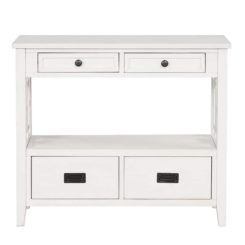 36" Pine Wood Console Table with Drawers and Shelves - White
