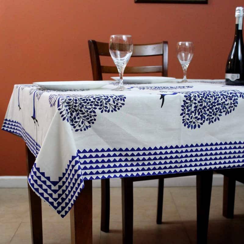 Cotton Regale Tree Of Life Print Floral Tablecloth Collection - 88 x 102 inches - Blue