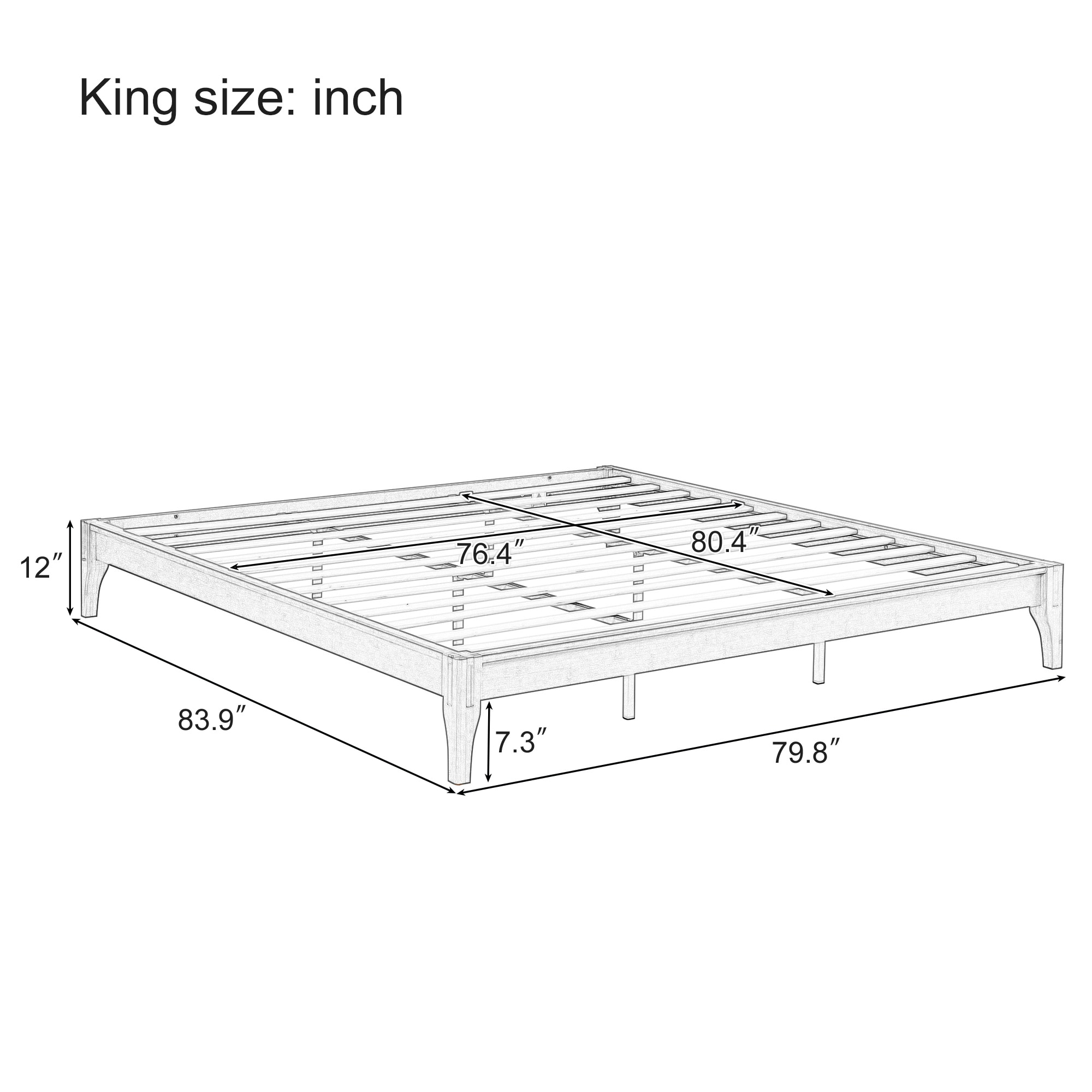 12 Inch King Size Solid Dry Bamboo Wood Platform Bed Frame, with Wood Slat and Metal Support
