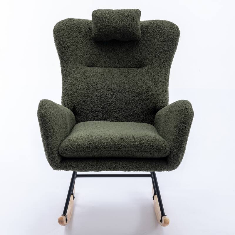 Teddy Fabric Wingback Rocking Chair for Nursery with Safe Solid Wood Base