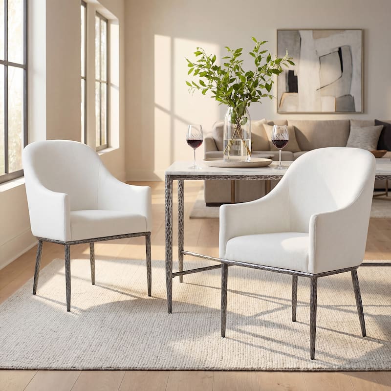 Christopher Knight Home - Ameson Artisan Upholstered Dining Chairs Set with Amrest, Hammered Metal Legs & Padded Seat - Forged Pewter+Beige - Set of 2