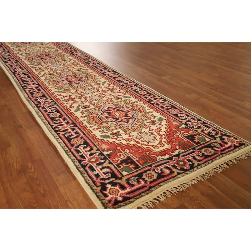 Geometric Traditional Heriz Serapi Runner Rug Hand-Knotted Wool Carpet - 2'7" x 11'10" - Ivory/Beige - 2'7" x 11'10"