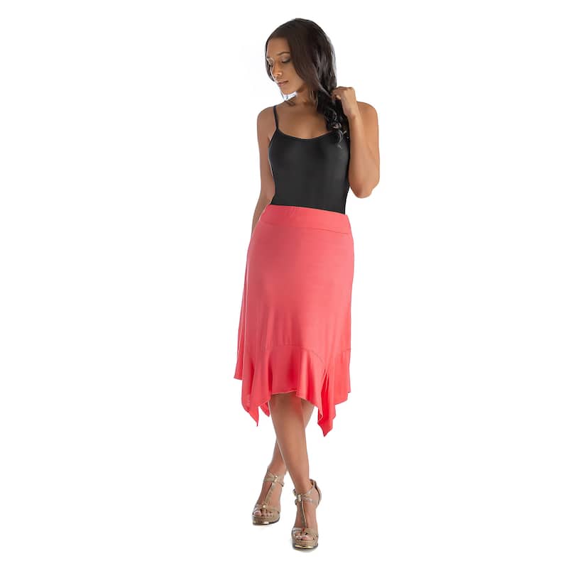 24seven Comfort Apparel Solid Color Knee Length Elastic Waist Handkerchief Skirt - Orange - S