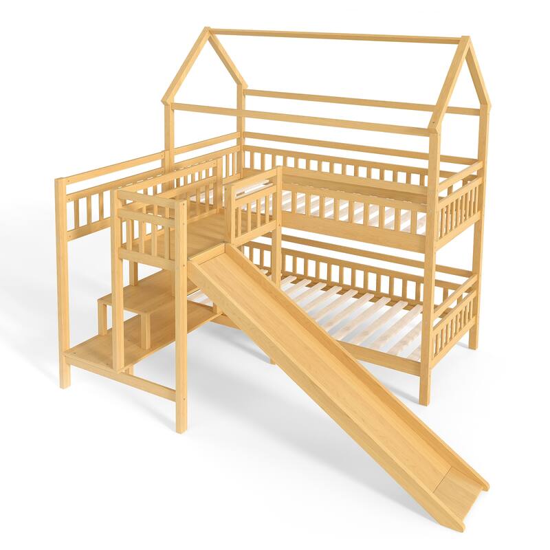 Twin House-shaped Bunk bed with Slide,Playhouse Bed with Storage Stairs, Two Placement Methods, Noise-free Design, Natural