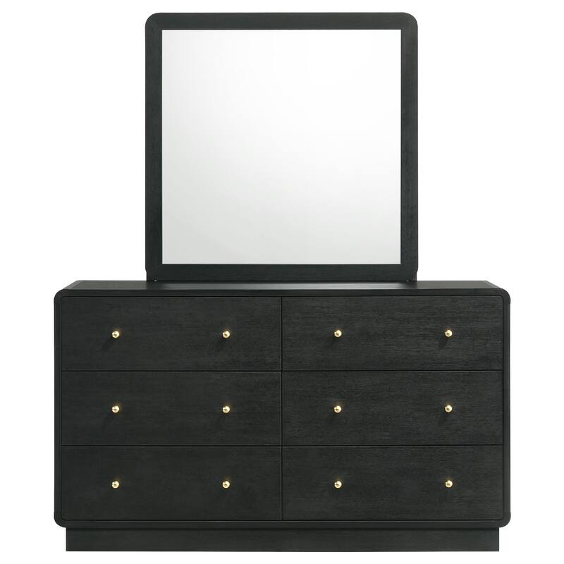 Cavy Wide Dresser with Matching Mirror, 6 Drawers, Black Wood, Gold