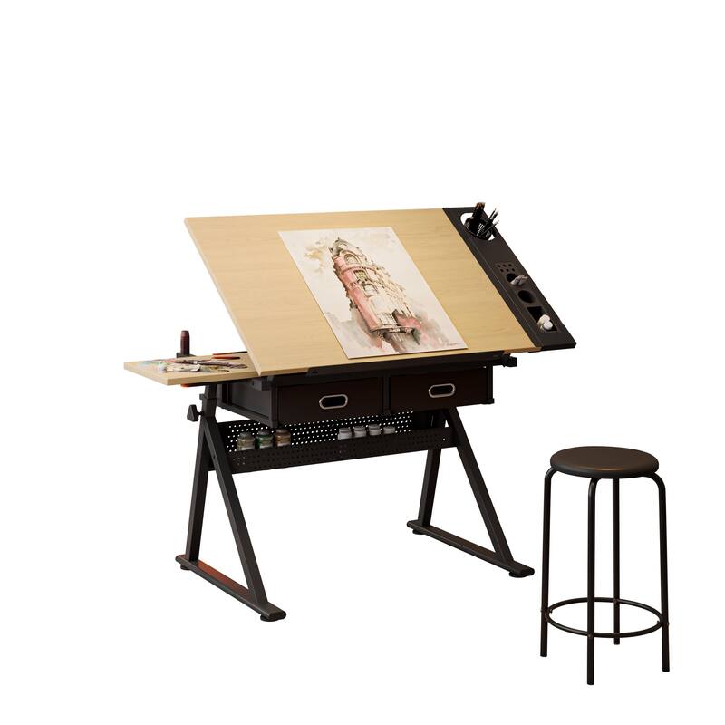 Anmytek Multifunctional Drafting Table with Tiltable Wood Top Storage Drawers Pegboard and Stool for Artist Home Studio