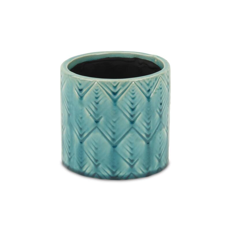 HomeRoots Turquoise Ceramic 22 Ounce Geometric Round Distressed Pot Planter - 5.50 in. x 5.25 in. x 5.50 in.
