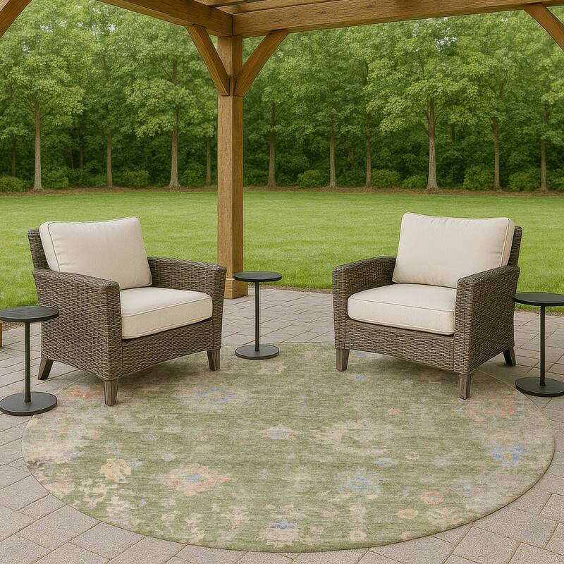 Machine Washable Indoor/ Outdoor Vintage Traditional Chantille Rug - Aloe - 8' x 8'
