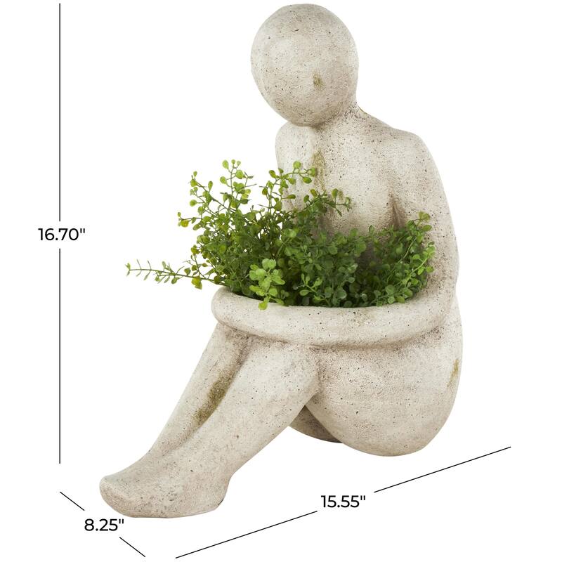 Cream Polystone Sitting People Indoor Outdoor Planter - 8"W x 16"L x 17"H