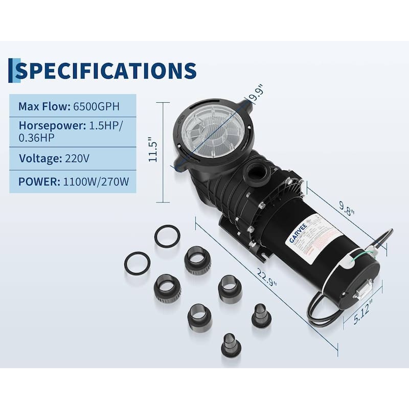 1100W 1.5 HP Dual Speed Swimming Pool Pump with Strainer Basket for Above and Ground Pool, 6500 GPH Max. Flow