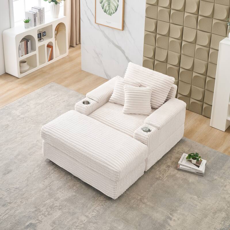 57 Inch Corduroy Single Sofa with Ottoman Sleeper Sofa Lounge Sofa - Beige