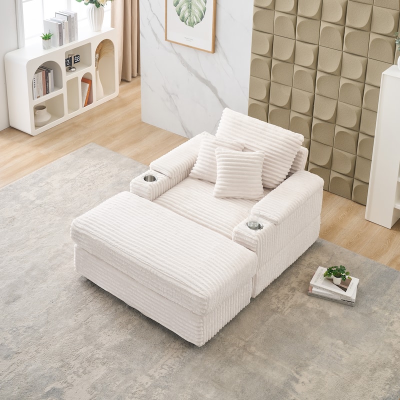 White Corduroy Single Sofa with Pillows and Ottoman - Multi-Color
