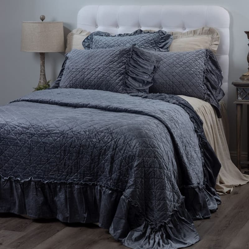 Estrella, Linen/Velvet, Ruffled, Sham - Standard Sham - Steel Blue