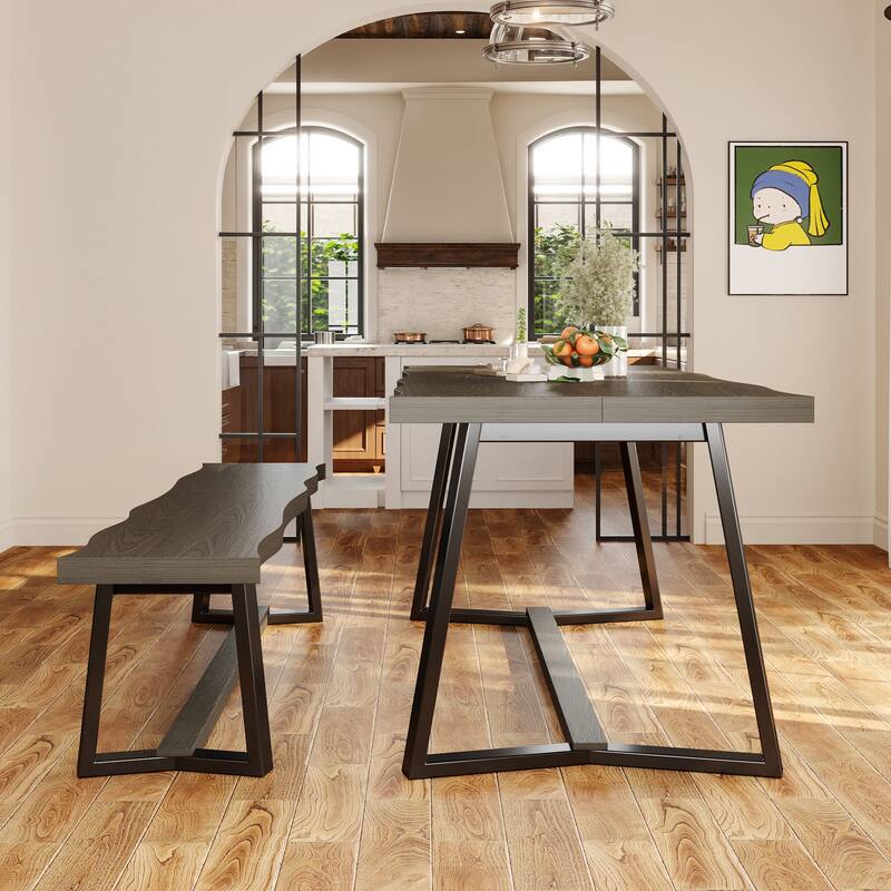 Rustic Elm Wood Dining Table Set with Black Bench – Modern Farmhouse Kitchen Table