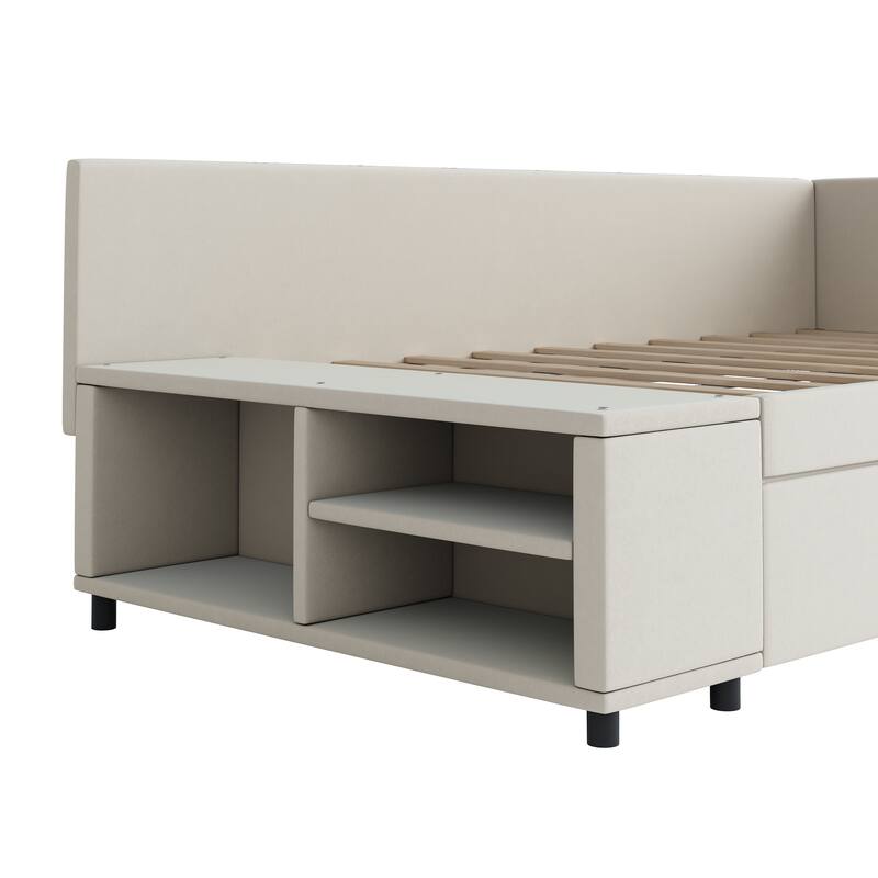 L-Shaped Twin Size Upholstered Platform Bed with Storage Drawers, Beige