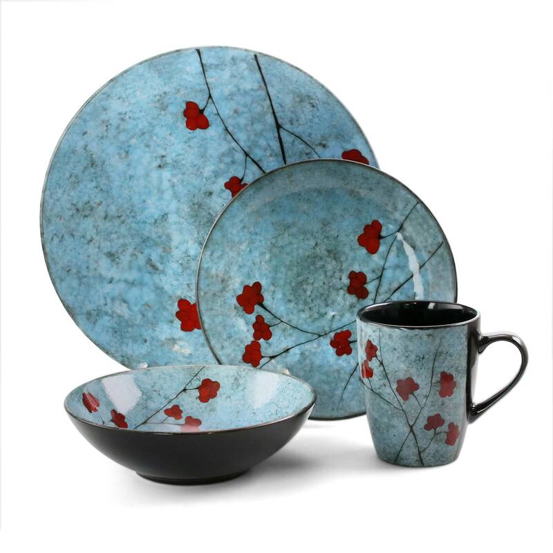 Spring Bloom Light Blue Stoneware Dinnerware Set 16 Pieces