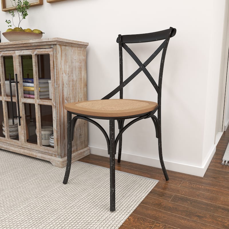 Metal Dining Chair with Brown Rattan Seat with or without Curved Details - Set of 2 Black or White - Roche River Decor