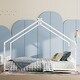 preview thumbnail 31 of 38, Metal House Floor Bed Frame with Roof and Colorful Lights White - Full