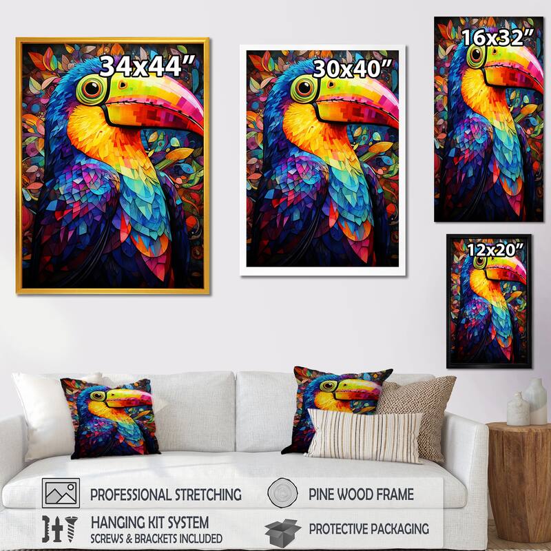 Designart "Yellow And Blue Tropical Toucan Jungle I" Toucan Wall Decor Blue - Traditional Living Room Framed Canvas Art