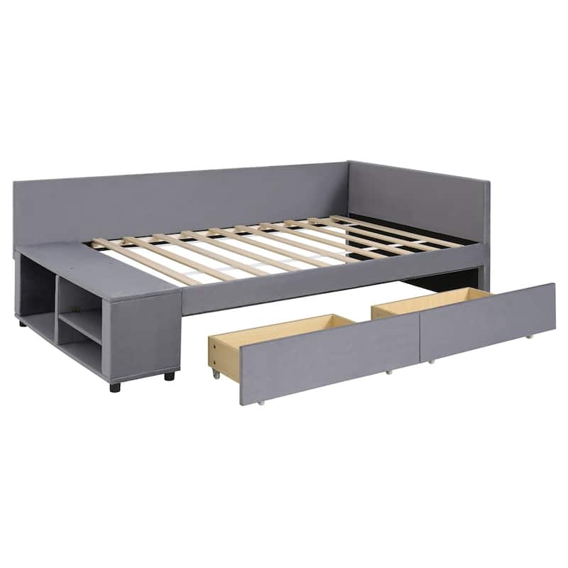 L-Shaped Twin size Upholstered Platform Bed with Storage and Drawers