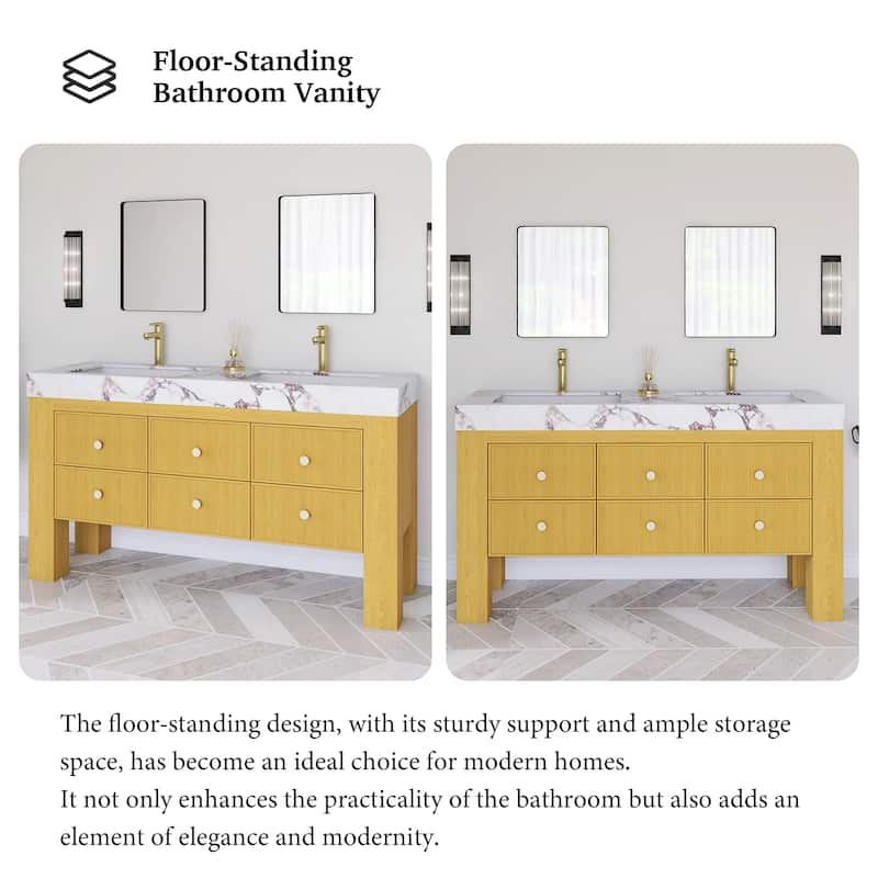 60" Freestanding Bathroom Vanity with 2 Ceramic Sinks - 59.84'' x 19.69'' x 33.46''