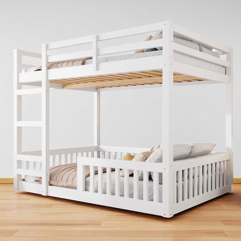 Wooden Full Over Full Bunk Bed with Safety Guardrails and Ladder, Solid Pine & MDF Construction
