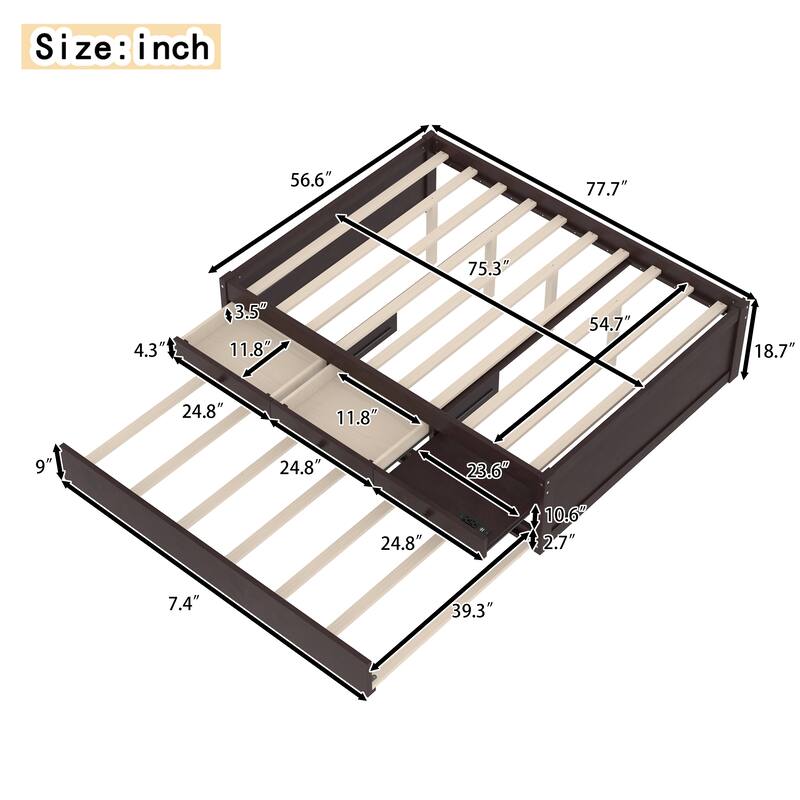 Platform Bed with Trundle, 2 Storage Drawers and Built In Power Strip, Solid Wood Bed Frame
