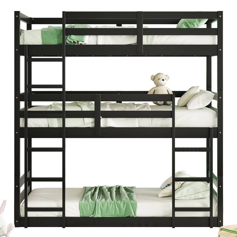 Triple Rubber Wood Bunk Bed with Two Built-in Ladders, Guardrails, Twin over Twin over Twin, Detachable Triple Twin Bunk Bed
