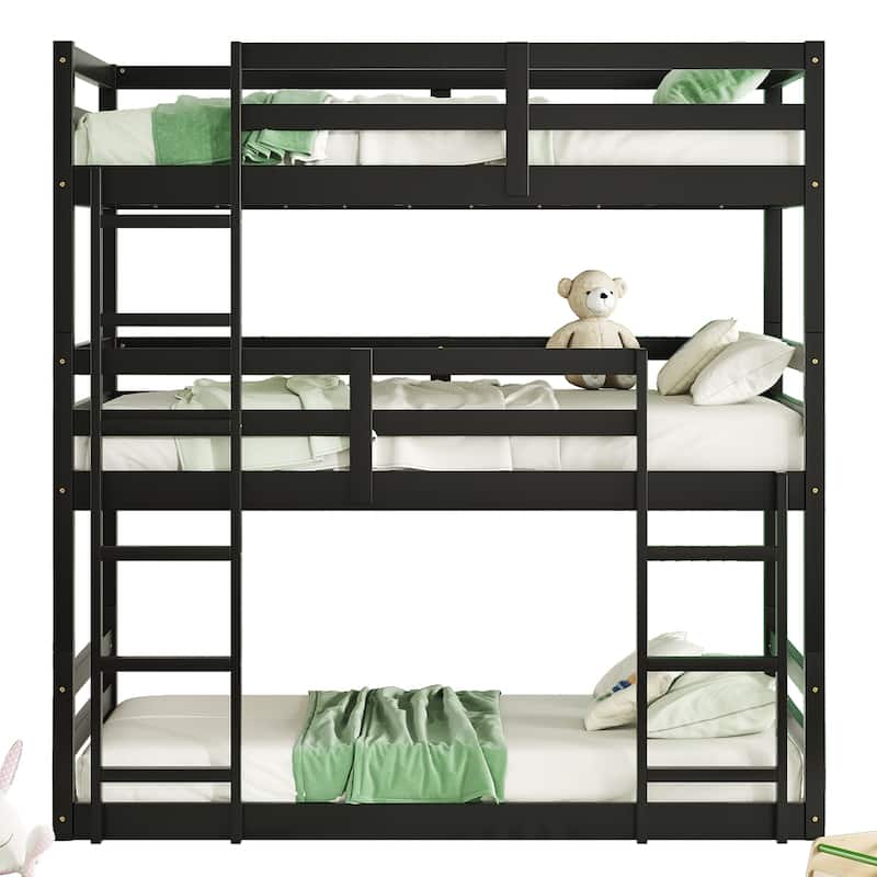 Triple Twin Bunk Bed with Dual Ladders & Guardrails (200lb Capacity per Level)