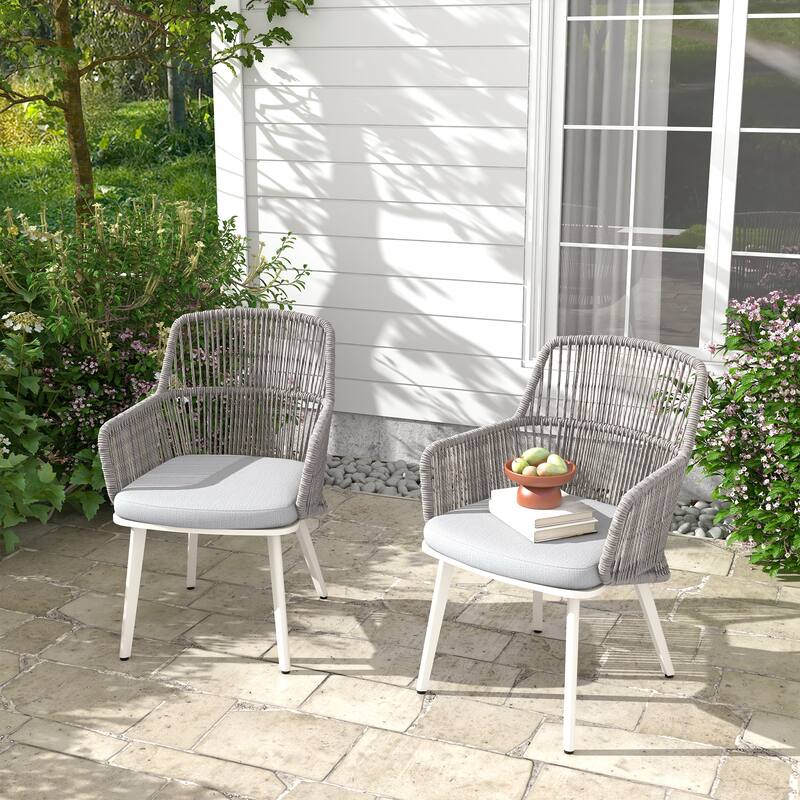 Outdoor 2-piece Dining PE Wicker Arm Chair with Cushion