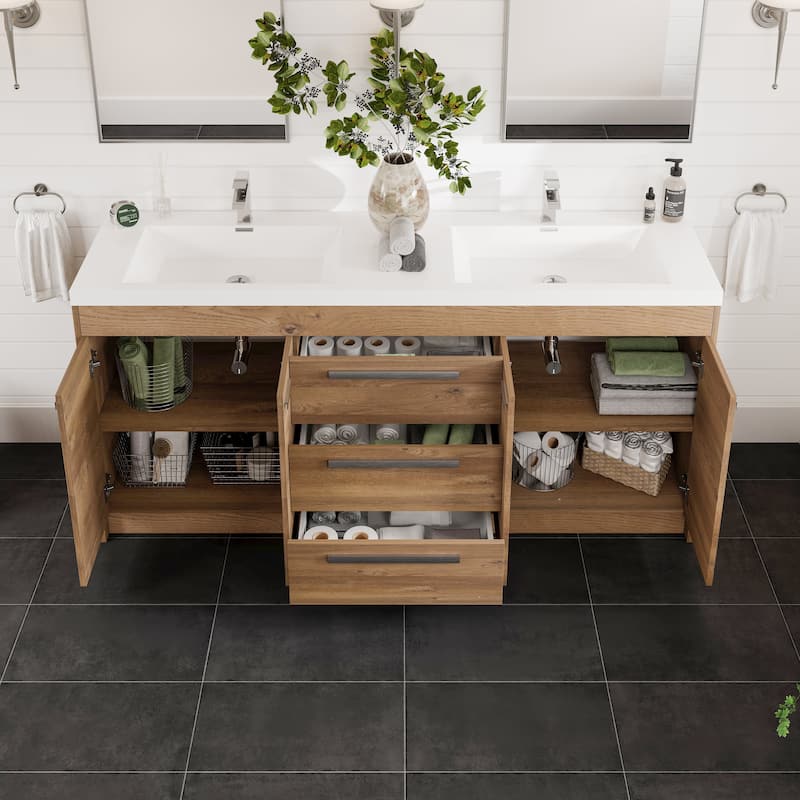 Lugano 72"W Natural Oak Freestanding Bath Vanity with Acrylic Top