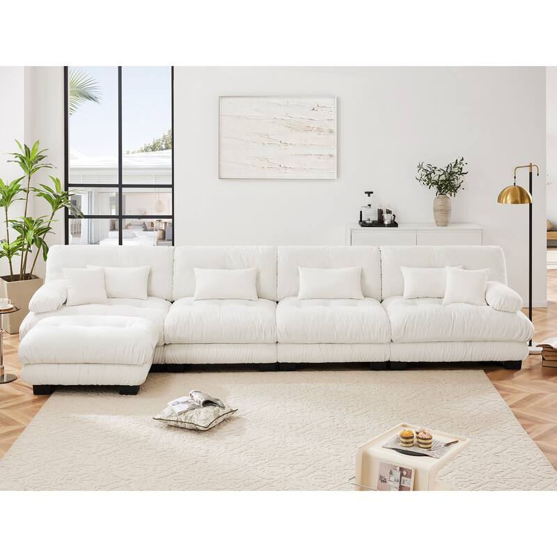Free Combination Modular Chenille Sectional Sofa Comfy Cloud Couch for Living Room - 4 Seats + 1 Ottoman - White